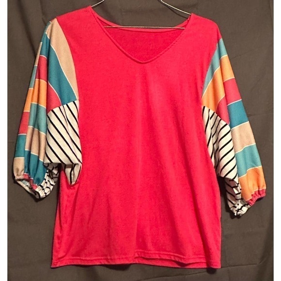 Zesica Tops - Zesica Rose & Green Stripe V-Neck Dolman Top Sz M